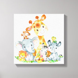 ピンクの水色かわいいサファリジャングル動物 キャンバスプリント