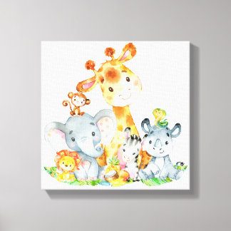 ピンクの水色かわいいサファリジャングル動物 キャンバスプリント