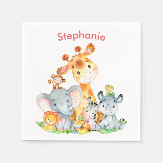 ピンクの水色かわいいサファリジャングル動物 スタンダードカクテルナプキン (正面)
