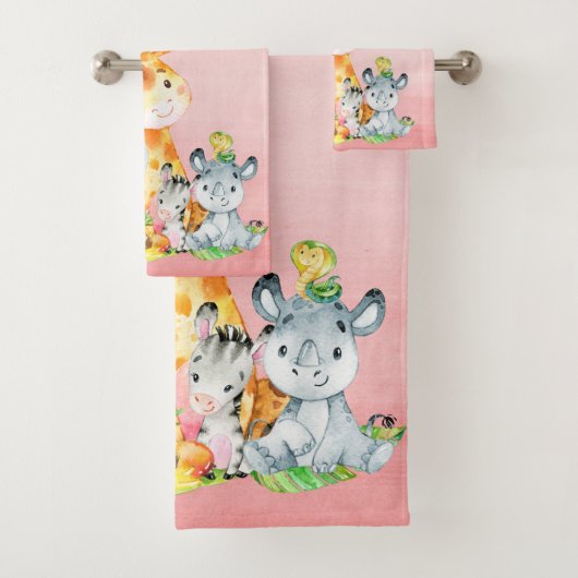 ピンクの水色かわいいサファリジャングル動物 バスタオルセット (インサイチュ)