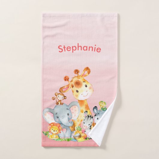 ピンクの水色かわいいサファリジャングル動物 バスタオルセット (ハンドタオル)