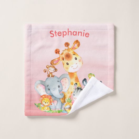 ピンクの水色かわいいサファリジャングル動物 バスタオルセット (ウォッシュタオル)