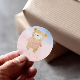 ピンクの水色かわいいテディベアありがとう ラウンドシール