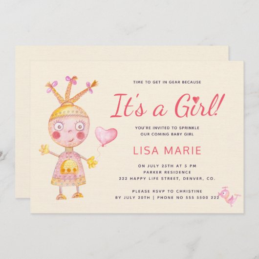 ピンクの水色かわいいロボット女の子の赤ちゃんシャワー 招待状 (正面/裏面)