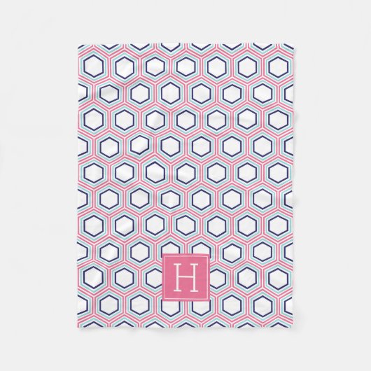 ピンクの水色と青のパターモノグラムのン フリースブランケット (正面)