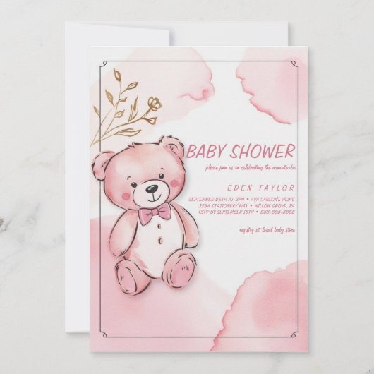ピンクの水色のクマベビーシャワー招待状 招待状 (正面)