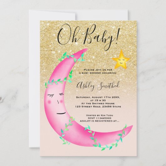 ピンクの水色のグリッタームーンスターズ赤ちゃんシャワー 招待状 (正面)