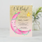 ピンクの水色のグリッタームーンスターズ赤ちゃんシャワー 招待状 (スタンド正面)