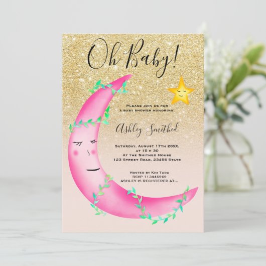 ピンクの水色のグリッタームーンスターズ赤ちゃんシャワー 招待状 (スタンド正面)
