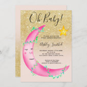 ピンクの水色のグリッタームーンスターズ赤ちゃんシャワー 招待状 (正面/裏面)