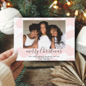 ピンクの水色のストライプメリークリスマスフォトカード