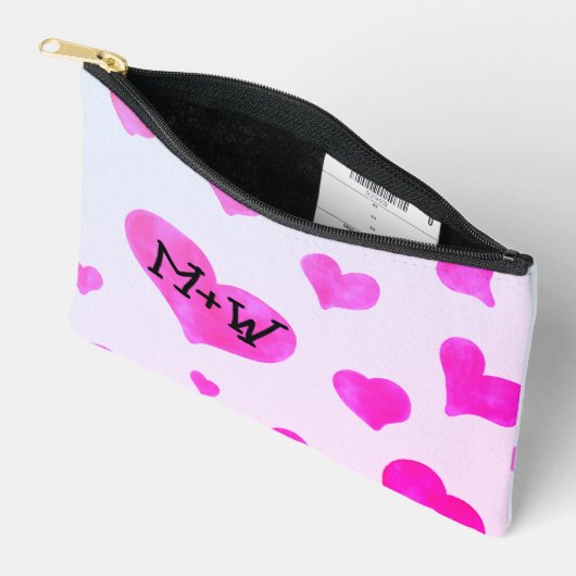 ピンクの水色のハートカスタムカップル名イニシャル アクセサリーポーチ (見開き)