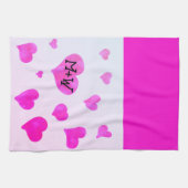 ピンクの水色のハートカスタムカップル名イニシャル キッチンタオル (横)