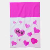 ピンクの水色のハートカスタムカップル名イニシャル キッチンタオル (縦)