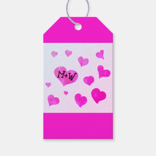 ピンクの水色のハートカスタムカップル名イニシャル ギフトタグ (正面)