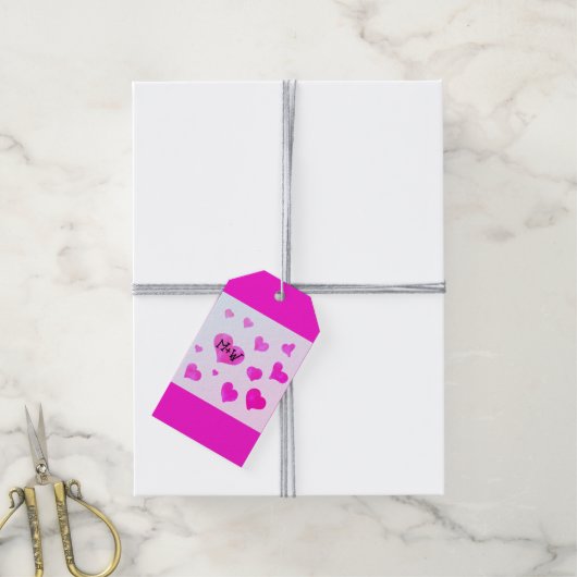 ピンクの水色のハートカスタムカップル名イニシャル ギフトタグ (より糸付き)