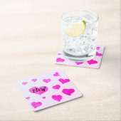 ピンクの水色のハートカスタムカップル名イニシャル スクエアペーパーコースター (インサイチュ)