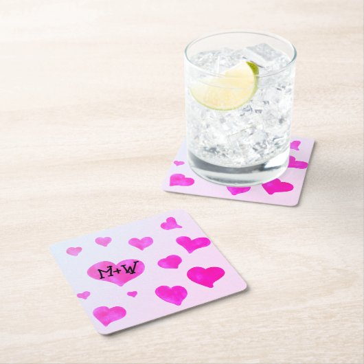ピンクの水色のハートカスタムカップル名イニシャル スクエアペーパーコースター (インサイチュ)