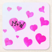 ピンクの水色のハートカスタムカップル名イニシャル スクエアペーパーコースター (正面)
