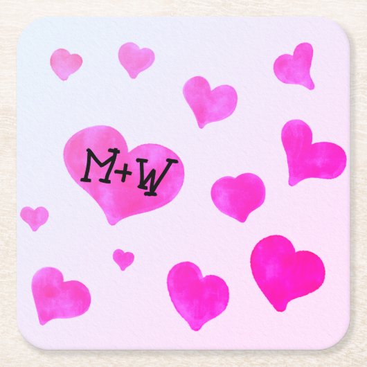 ピンクの水色のハートカスタムカップル名イニシャル スクエアペーパーコースター (正面)