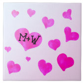 ピンクの水色のハートカスタムカップル名イニシャル タイル (正面)