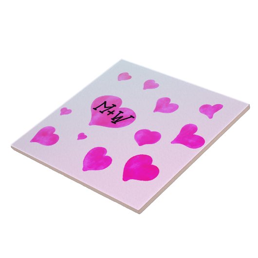 ピンクの水色のハートカスタムカップル名イニシャル タイル (側面)