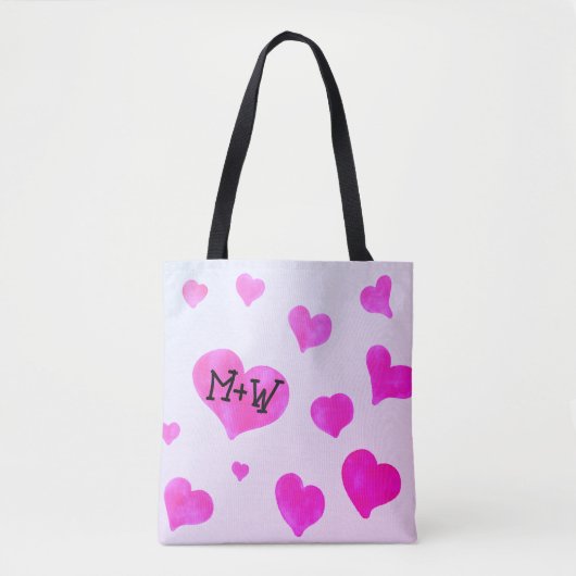 ピンクの水色のハートカスタムカップル名イニシャル トートバッグ (正面)