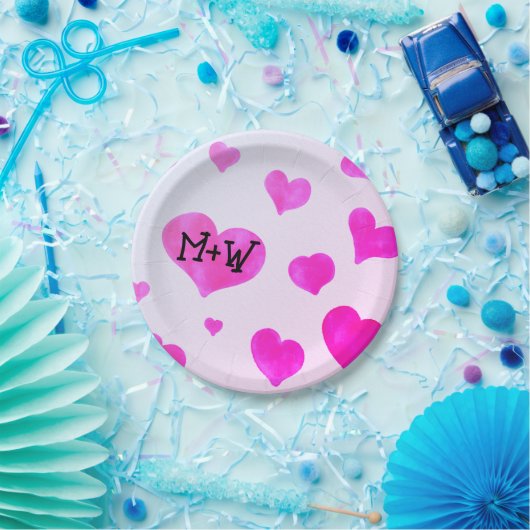 ピンクの水色のハートカスタムカップル名イニシャル ペーパープレート (パーティー)