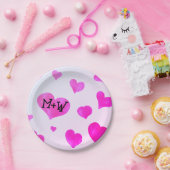 ピンクの水色のハートカスタムカップル名イニシャル ペーパープレート (パーティー)