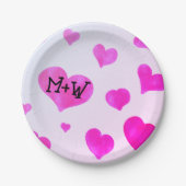 ピンクの水色のハートカスタムカップル名イニシャル ペーパープレート (正面)
