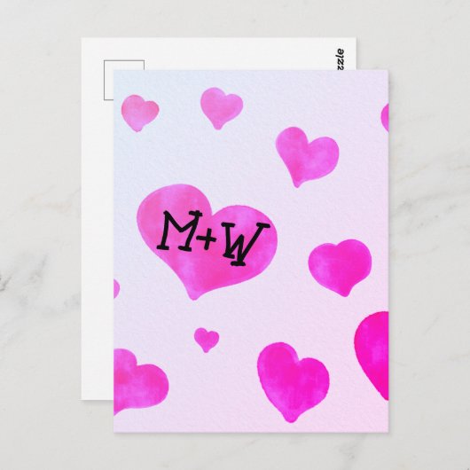 ピンクの水色のハートカスタムカップル名イニシャル ポストカード (正面/裏面)