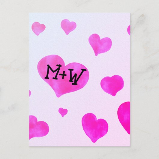 ピンクの水色のハートカスタムカップル名イニシャル ポストカード (正面)