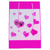 ピンクの水色のハートカスタムカップル名イニシャル ミディアムペーパーバッグ (裏面)