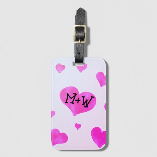 ピンクの水色のハートカスタムカップル名イニシャル ラゲッジタグ (正面縦)