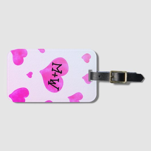 ピンクの水色のハートカスタムカップル名イニシャル ラゲッジタグ (正面横)