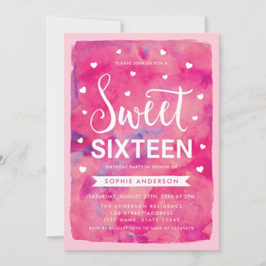 ピンクの水色のハート甘い16誕生日パーティー 招待状 (正面)