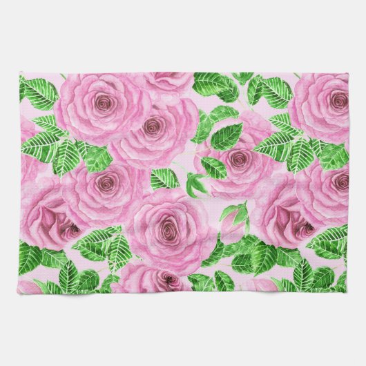 ピンクの水色のバラと葉バッド・パター キッチンタオル (横)