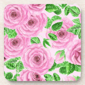 ピンクの水色のバラと葉バッド・パター コースター (正面)