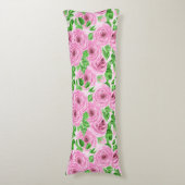 ピンクの水色のバラと葉バッド・パター ボディピロー (正面縦)