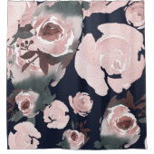 ピンクの水色のバラダークネイビーブルーフローラ シャワーカーテン (正面)