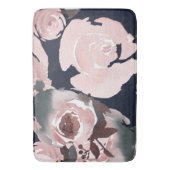 ピンクの水色のバラダークネイビーブルーフローラ バスマット (正面縦)