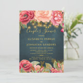 ピンクの水色のバラヴィンテージネイビーカップルのシャワー 招待状 (スタンド正面)