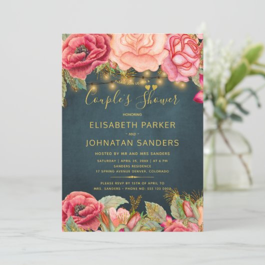 ピンクの水色のバラヴィンテージネイビーカップルのシャワー 招待状 (スタンド正面)