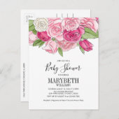 ピンクの水色のバラ赤ちゃんシャワー インビテーションポストカード (正面/裏面)