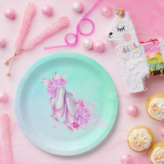 ピンクの水色のバレエ靴と牡丹と弓 ペーパープレート (パーティー)