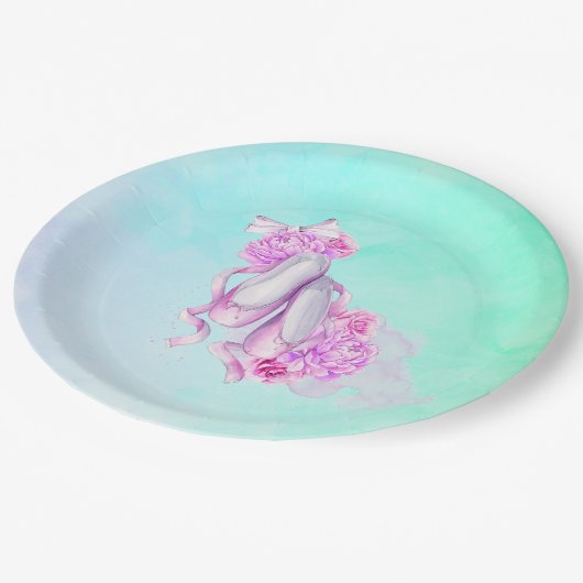 ピンクの水色のバレエ靴と牡丹と弓 ペーパープレート (アングル)