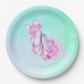 ピンクの水色のバレエ靴と牡丹と弓 ペーパープレート (正面)