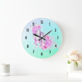 ピンクの水色のバレエ靴と牡丹と弓 ラージ壁時計 (ホーム)