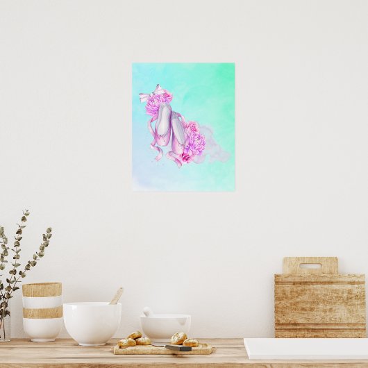 ピンクの水色のバレーシューズが弓と牡丹 ポスター (キッチン)