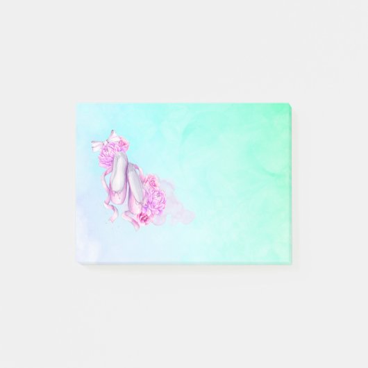 ピンクの水色のバレーシューズが弓と牡丹 ポストイット (正面)